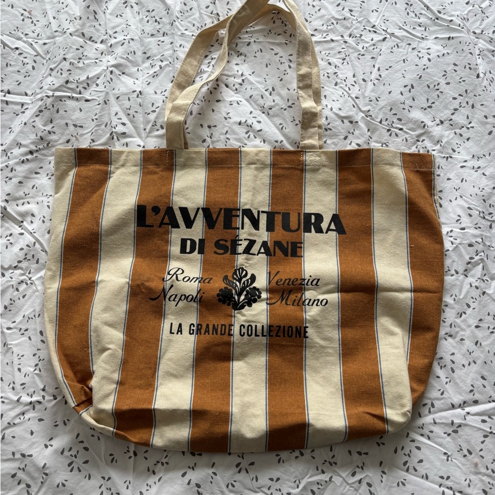Sezane Striped Canvas Tote in Tan & Cream with Black Logo